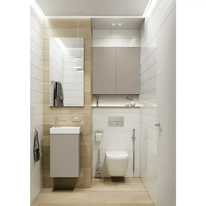 Riva Badmöbel-Set Young - Gesamtbreite Badmöbel: 40 cm, Fume, 2 -tlg. - Modernes Badezimmerdesign mit hängendem WC, Waschtischunterschrank und Spiegelschrank in schlichten Farben, die eine entspannende Atmosphäre schaffen.