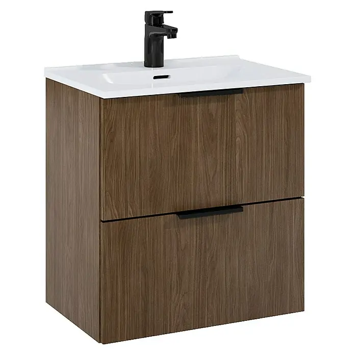 Riva Badmöbel-Set Street Plus - Gesamtbreite Badmöbel: 51,3 cm, Walnuss, Matt, 2 -tlg. - Ein moderner Waschtischunterschrank mit zwei Schubladen in Holzoptik und einem weißen Aufsatzwaschbecken mit schwarzer Armatur.