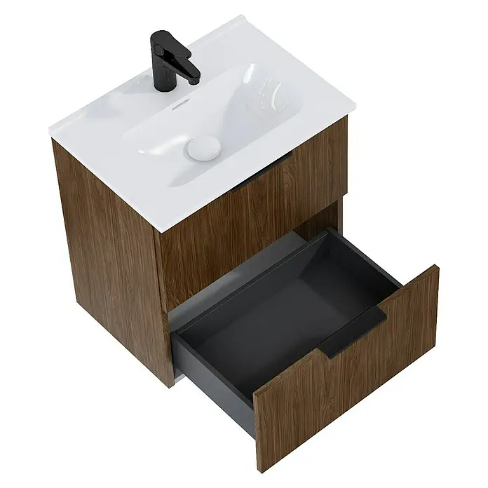 Riva Badmöbel-Set Street Plus - Gesamtbreite Badmöbel: 51,3 cm, Walnuss, Matt, 2 -tlg. - Moderne Waschtischkombination mit offenem Schubladen-Design und stilvoller Armatur für das Badezimmer.