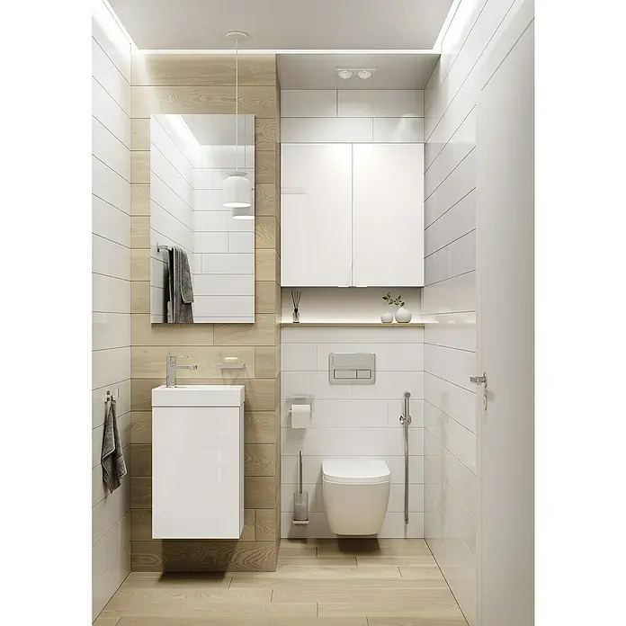 Riva Badmöbel-Set Young - Gesamtbreite Badmöbel: 40,2 cm, Weiß, Glänzend, DIN Anschlag: Links/Rechts, 2 -tlg. - Modernes Badezimmer mit wandhängendem WC, Waschbeckenunterschrank und Spiegelschrank für eine stilvolle Raumnutzung.