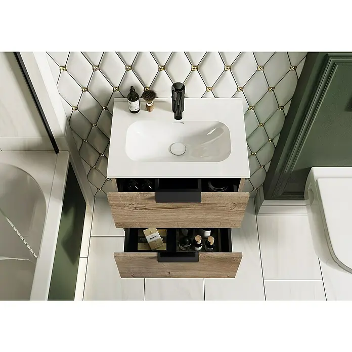 Riva Badmöbel-Set Street Plus - Gesamtbreite Badmöbel: 51,3 cm, Eiche, Matt, 2 -tlg. - Badezimmereinrichtung mit Waschbeckenunterschrank in Holzoptik und zwei Schubladen zur Aufbewahrung von Badutensilien.