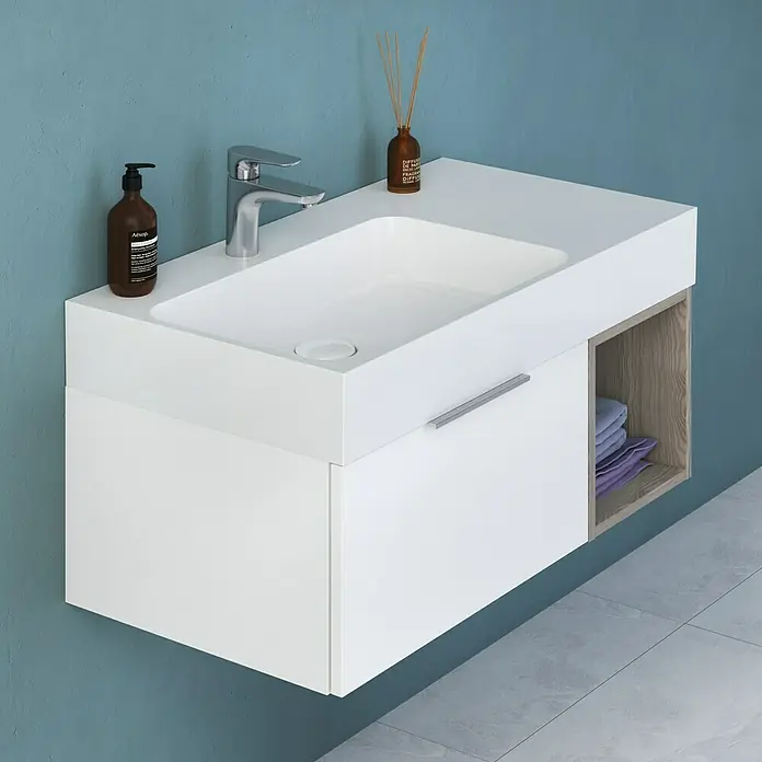 Camargue Cube Waschtischunterschrank - 90 x 48 x 30 cm, Weiß - Modernes Badezimmerwaschbecken mit weißer Oberfläche, Chromarmatur und Holzregal für Handtücher.