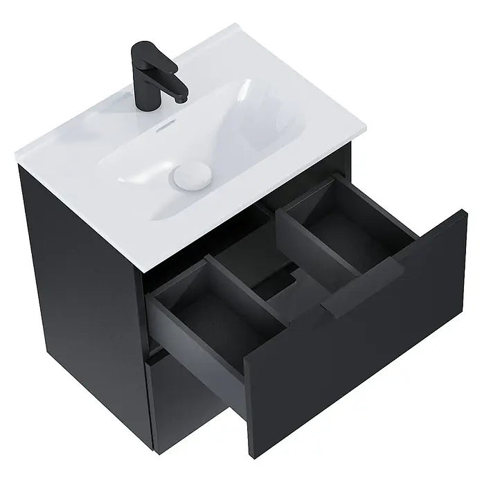 Riva Badmöbel-Set Street Plus - Gesamtbreite Badmöbel: 51,3 cm, Schwarz, Matt, 2 -tlg. - Ein modernes Badezimmermöbel mit schwarzem Unterschrank, weißem Waschbecken und geöffneter Schublade für Badutensilien.