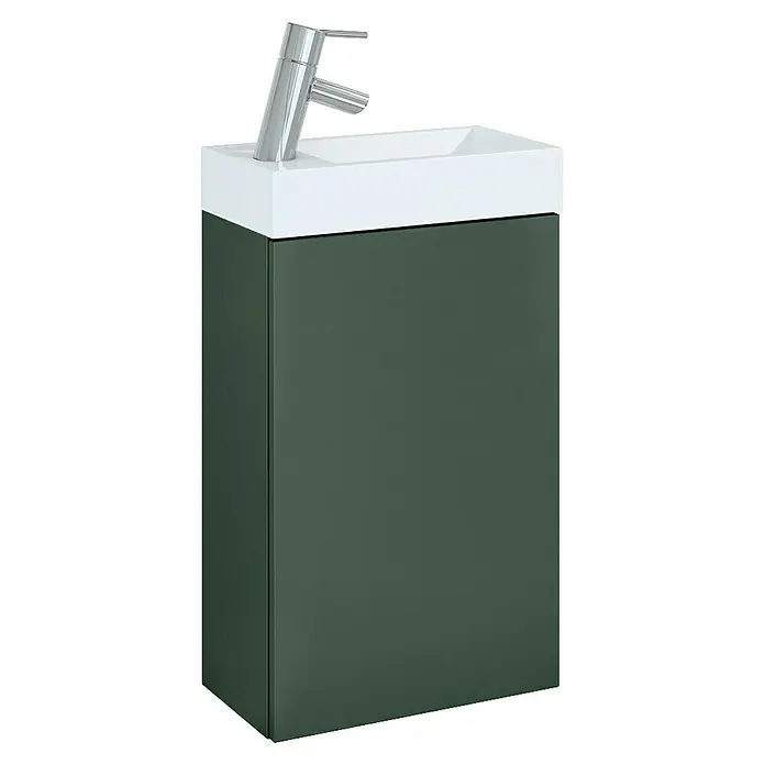 Riva Badmöbel-Set Young - Gesamtbreite Badmöbel: 40 cm, Waldgrün, 2 -tlg. - Bild eines modernen Waschtisches mit grünem Unterschrank und einem weißen Waschbecken mit Armatur.