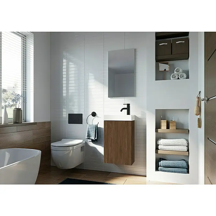 Riva Badmöbel-Set Young - Gesamtbreite Badmöbel: 40 cm, Walnuss, 2 -tlg. - Modernes Badezimmerdesign mit hängendem Waschtisch in Holzoptik, minimalistischem Spiegel und stilvoller Nische für Handtücher.