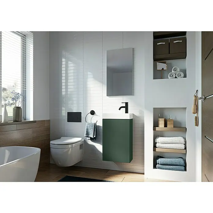 Riva Badmöbel-Set Young - Gesamtbreite Badmöbel: 40 cm, Waldgrün, 2 -tlg. - Ein modernes Badezimmer mit einem grünen Waschtisch und einem schlichten Spiegel. Praktische Regale bieten Stauraum für Handtücher und Badutensilien.