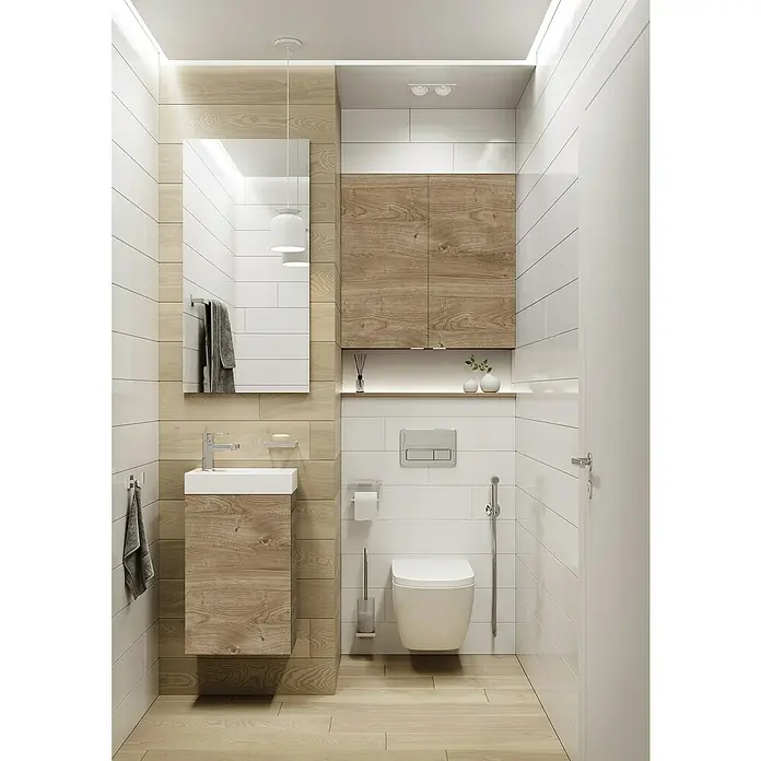 Riva Badmöbel-Set Young - Gesamtbreite Badmöbel: 40 cm, Eiche, 2 -tlg. - Stilvolles Badezimmerdesign mit Holzakzenten, inklusive Hänge-WC, Waschtisch und Spiegelschrank für ein modernes Ambiente.