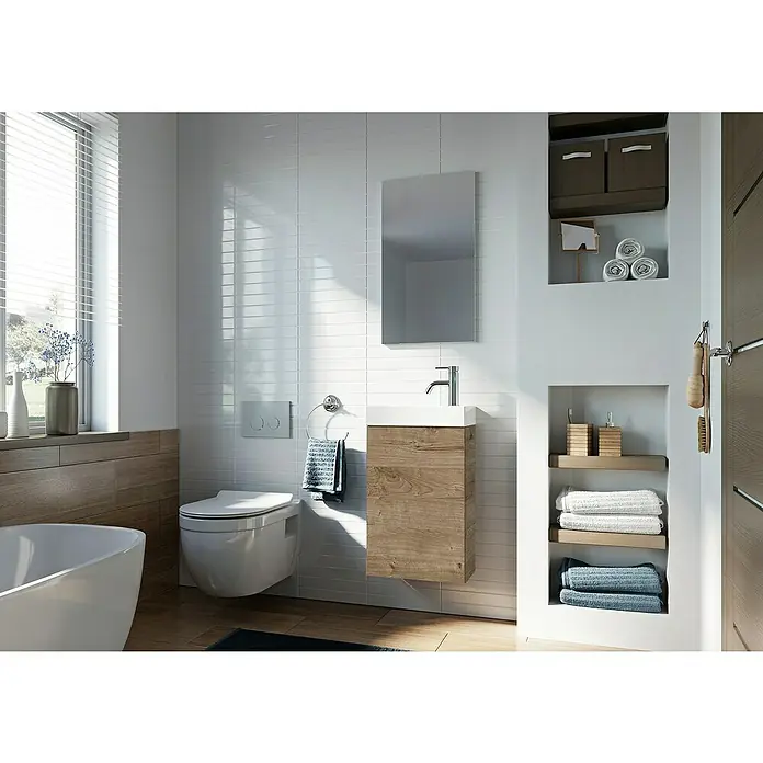Riva Badmöbel-Set Young - Gesamtbreite Badmöbel: 40 cm, Eiche, 2 -tlg. - Modernes Badezimmer mit holzverkleidetem Waschtisch, Spiegelschrank und eingelassenen Regalen für Handtücher und Badutensilien.