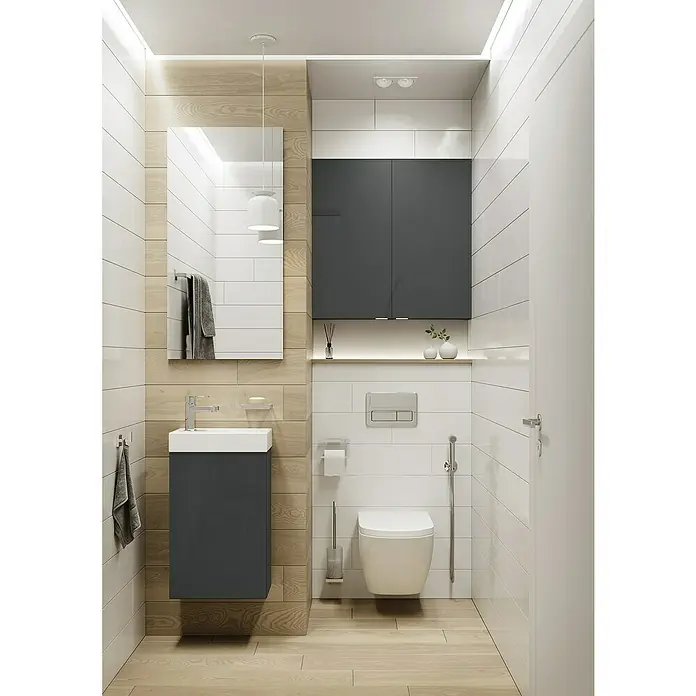 Riva Badmöbel-Set Young - Gesamtbreite Badmöbel: 40 cm, Anthrazit, 2 -tlg. - Stilvolles Badezimmer mit grauen Möbeln, hellem Holz und weißen Fliesen, das ein modernes und platzsparendes Design bietet.