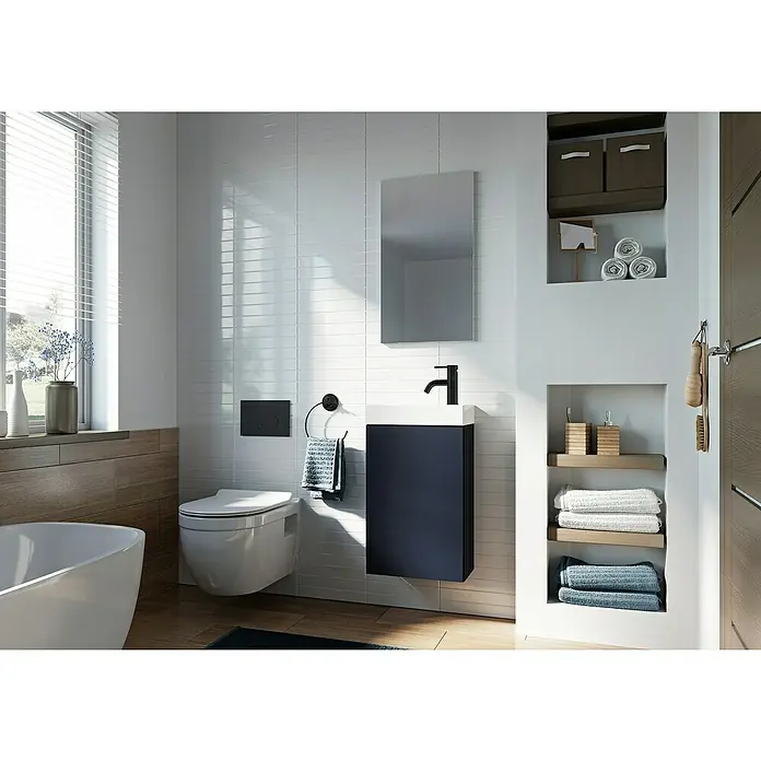 Riva Badmöbel-Set Young - Gesamtbreite Badmöbel: 40 cm, Navyblau, 2 -tlg. - Modernes Badezimmer mit hängendem Waschtisch in dunklem Blau, Spiegel, WC und Regalen. Ideal für stilvolle Badgestaltung mit minimalistischem Design.