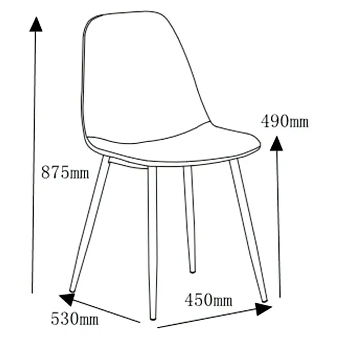 Silla Margot - Avellana, 4 ud. - Ilustración de una silla con dimensiones: 875 mm de altura, 490 mm de altura del asiento, 530 mm de ancho y 450 mm de profundidad.