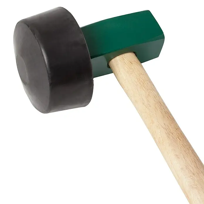 Heka Plattenlegerhammer - Rund - Nahaufnahme eines Gummihammers mit Holzgriff und grünem Kopf, ideal für schonende Arbeiten.