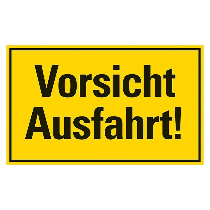 Pickup HinweisschildL x B: 33 x 20 cm, Vorsicht Ausfahrt, Selbstklebend - Gelbes Warnschild "Vorsicht Ausfahrt!" mit schwarzer Schrift und schwarzem Rahmen warnt vor einer Ausfahrt und mahnt zur Vorsicht.