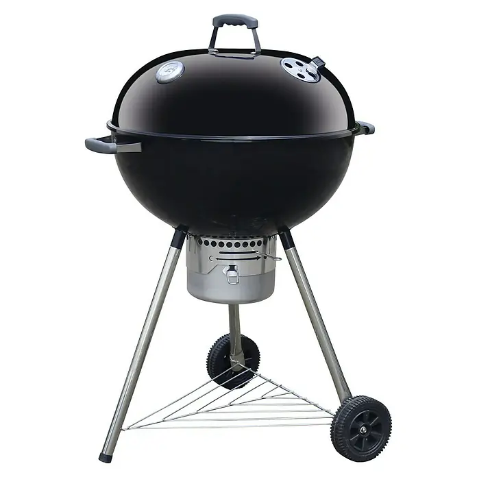 Kingstone Barbacoa redonda con tapa Bullet 66 - Diámetro de la superficie de la parrilla: 66 cm, Negro - Barbacoa de carbón negra con tapa, termómetro y patas plateadas y estante de almacenamiento para una experiencia al aire libre.