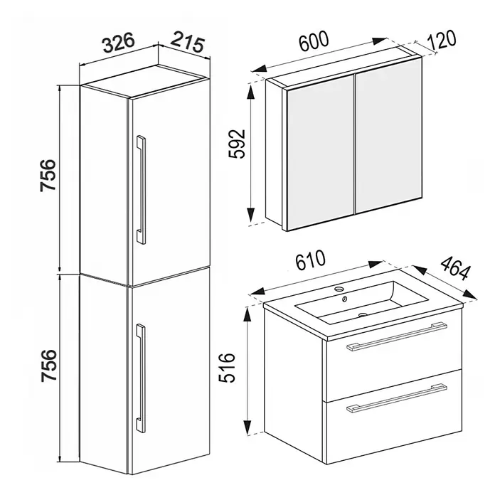 VCM Badinos Badmöbel-Set SPS - 61 cm, Weiß - Set weißer Badezimmermöbel: ein Hochschrank, ein Wandschrank mit zwei Türen und ein Waschtischunterschrank mit Waschbecken und zwei Schubladen.