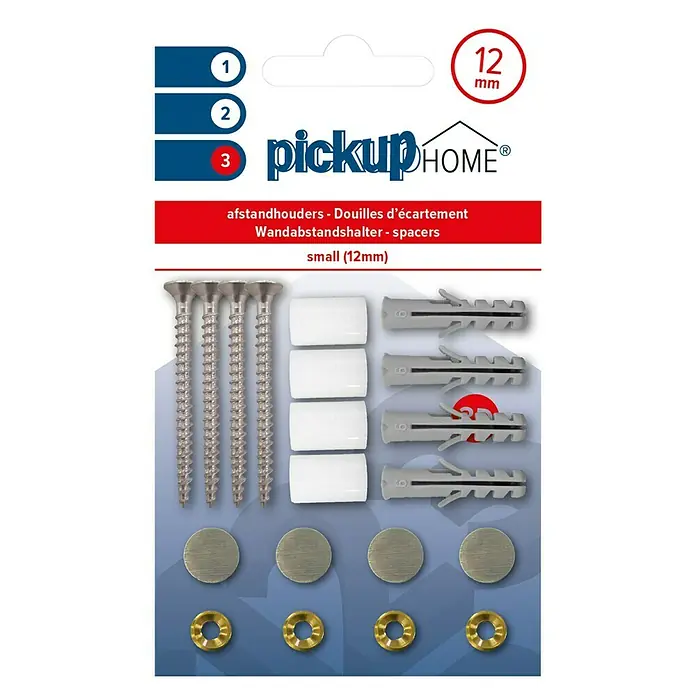 Pickup 3D Home Montage-Set - Höhe: 12 mm - Abbildung einer Packung "pickup HOME" Wandabstandshalter (12mm) mit Schrauben, Dübeln, Abstandshaltern und Unterlegscheiben.