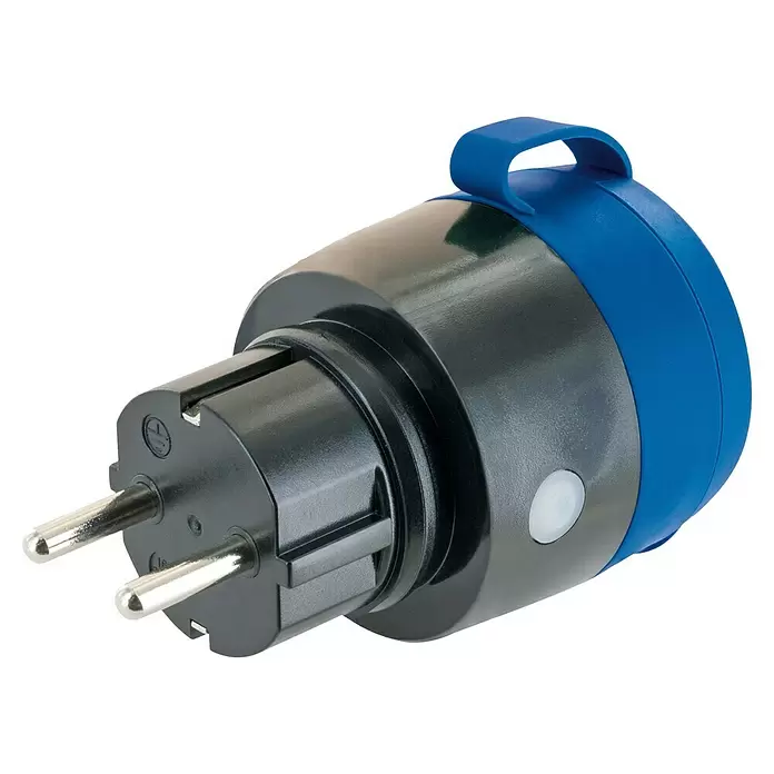 Schwaiger Smart-Steckdose Außen - IP44, Blau, Schwarz, 3.680 W - Blauer und schwarzer CEE-Schuko-Adapterstecker für Camping oder Wohnmobile, mit zwei Metallstiften und Griff.