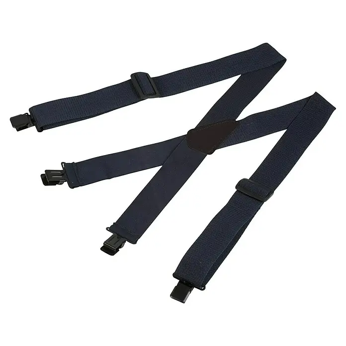 Hosenträger - Länge: 100 cm, Blau - Hier ist ein Bild von Hosenträgern mit Clipverschluss und verstellbaren Trägern, die auf einer weißen Oberfläche liegen.
