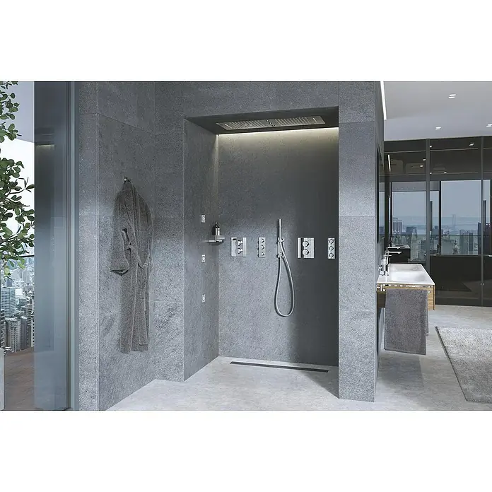 Grohe UP-Thermostatarmatur Grohtherm F - Chrom, Glänzend - Ein modernes Badezimmer mit einer stilvollen, grauen Duschkabine und eleganten Armaturen. Luxuriöses Design trifft auf Funktionalität.