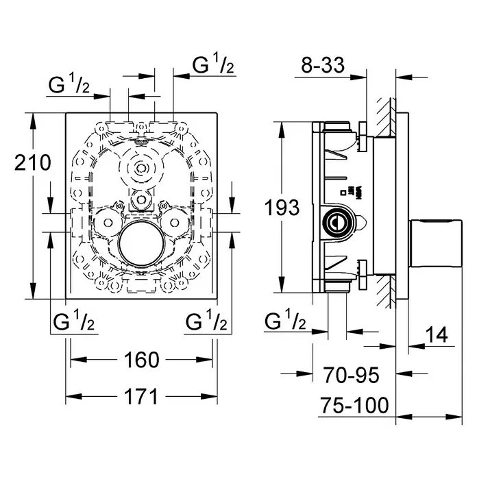 Grohe UP-Thermostatarmatur Grohtherm F - Chrom, Glänzend - Technische Zeichnung einer Unterputz-Thermostatbatterie mit Maßangaben für Installation und Anschlüsse.