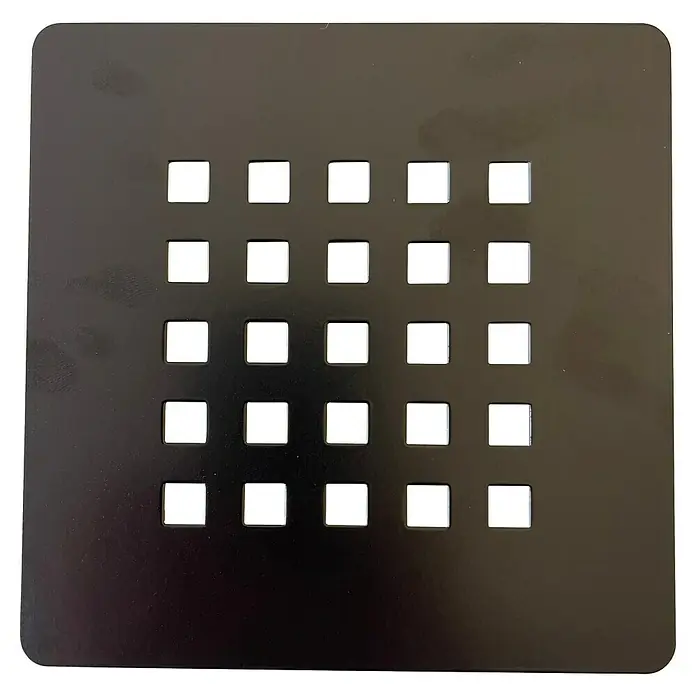 Plato de ducha aligerado Terra - L x An: 80 x 150 cm, Carga mineral, Negro - Placa metálica negra cuadrada con una rejilla de aberturas cuadradas. Ideal para ventilación o fines decorativos. Diseño elegante.