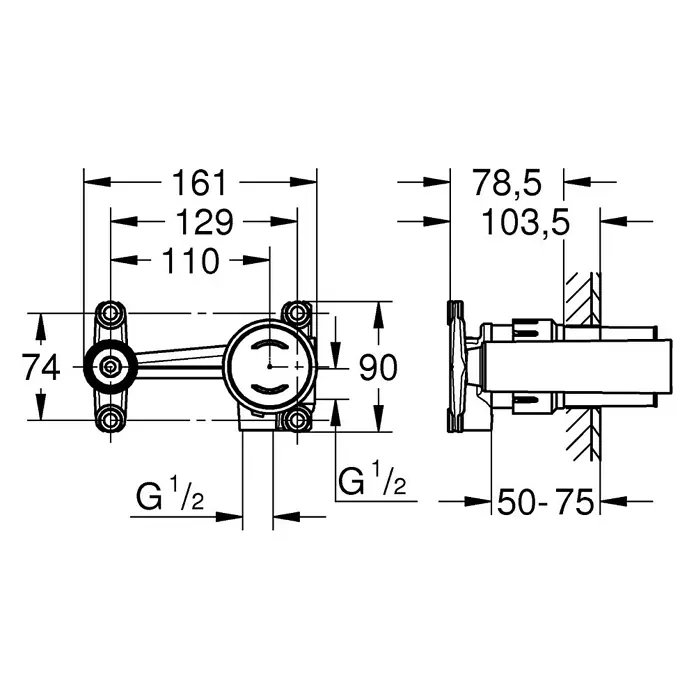 Grohe Unterputzsystem Joystick Unterputz-Einbaukörper - Einbautiefe: 78,5 mm - 103,5 mm - Produktansicht mit Maßen: Detailreiche Darstellung der Abmessungen und technischen Details des Produkts für Installationszwecke.