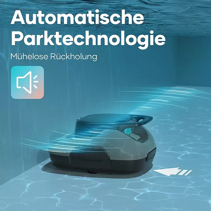 Aiper Poolroboter Scuba SE - Akkubetrieben, Passend für: Pools bis 80 m² Grundfläche, Filterleistung: 4.500 l/h - Grauer/schwarzer Poolroboter im Becken, demonstriert automatische Park-/Abruftechnologie und Sound-Symbol.