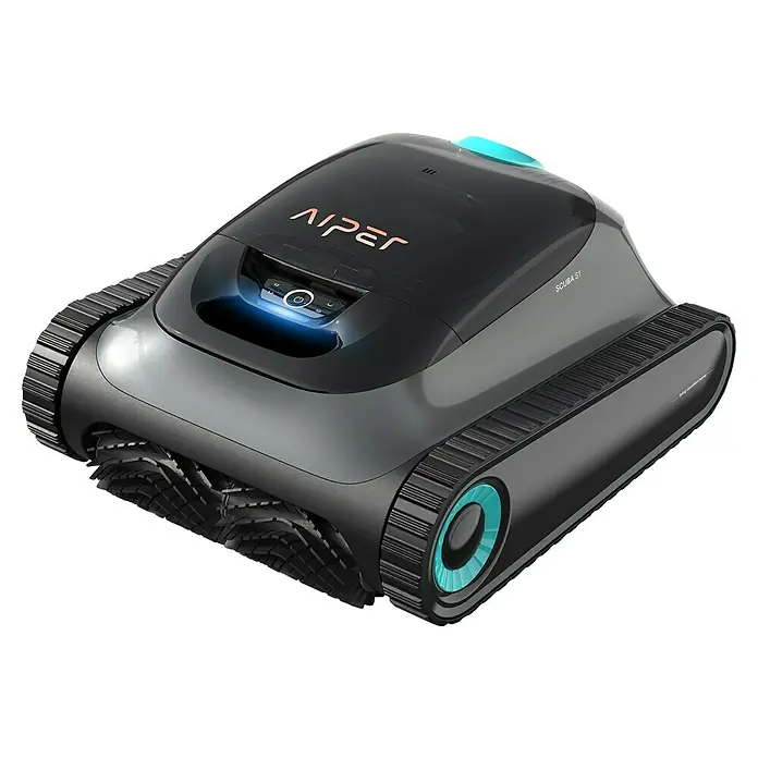 Aiper Poolroboter Scuba S1 2025 - Akkubetrieben, Pools bis 150 m² Grundfläche, 15.900 l/h - Nahaufnahme eines Aiper Scuba S1 Poolreinigungsroboters mit Raupenantrieb, der für effiziente Reinigung sorgt.