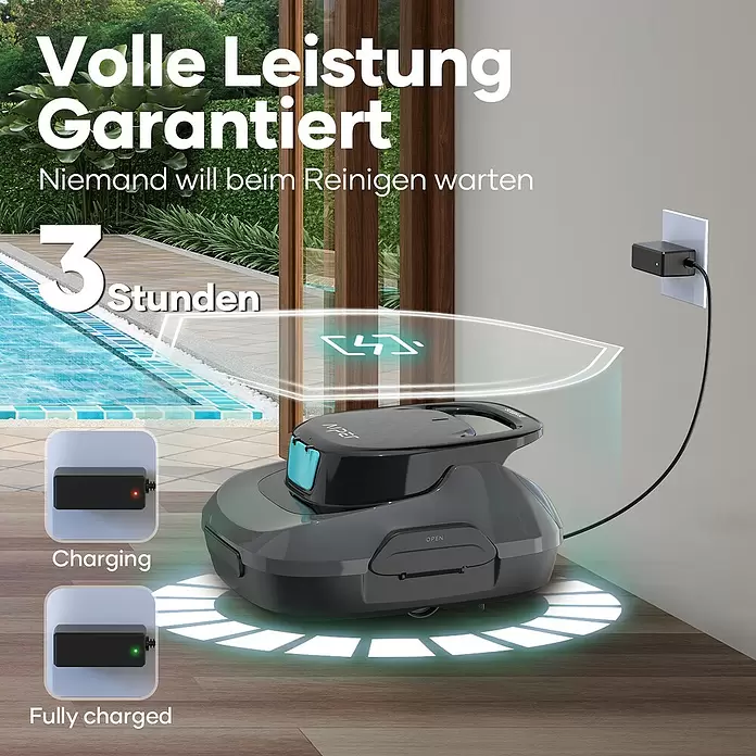 Aiper Poolroboter Scuba SE - Akkubetrieben, Passend für: Pools bis 80 m² Grundfläche, Filterleistung: 4.500 l/h - Dunkelgrauer Poolroboter mit blauen Akzenten lädt neben einem Pool. Rotes Licht zeigt Laden an, Grün bedeutet in 3 Stunden voll geladen.