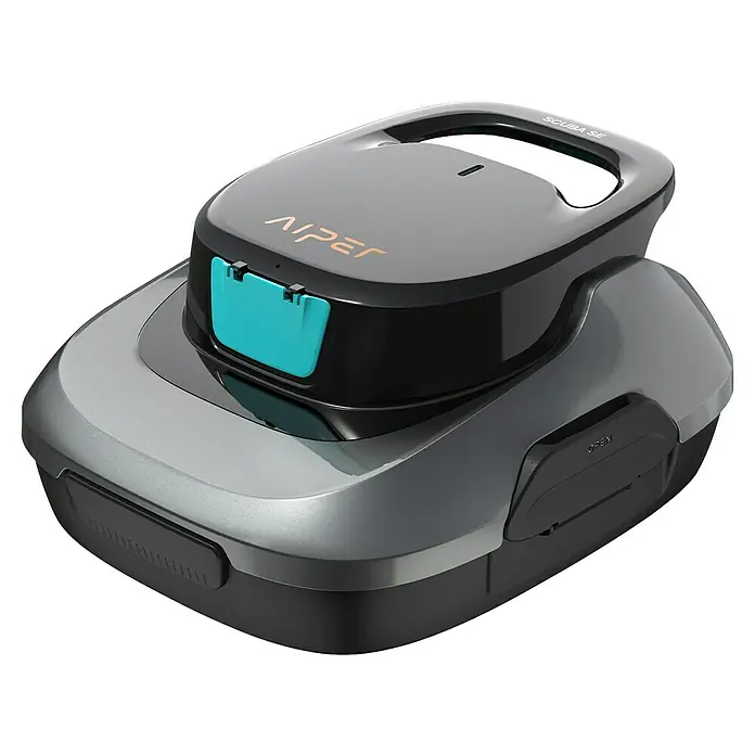 Aiper Poolroboter Scuba SE - Akkubetrieben, Passend für: Pools bis 80 m² Grundfläche, Filterleistung: 4.500 l/h - Das Bild zeigt einen Aiper Scuba SE Poolreinigungsroboter in Nahaufnahme. Der Roboter ist grau und schwarz mit blauen Akzenten.