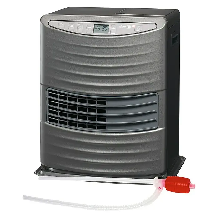 Toyotomi Estufa de parafina LC-130 - 0,8 kW - 3 kW, Volumen del depósito: 5,4 l, Gris - Imagen de una estufa de queroseno Zibro con pantalla digital y bomba de combustible roja para una calefacción fácil y eficiente.