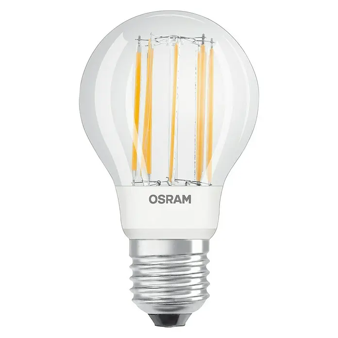 Osram Parathom LED-Lampe Glühlampenform E27 matt - E27, Dimmbar, Warmweiß, 1.521 lm, 12 W - Abbildung einer OSRAM LED-Lampe mit klarem Glaskolben und Glühfadenoptik, ideal für stimmungsvolle Beleuchtung und energieeffiziente Nutzung.