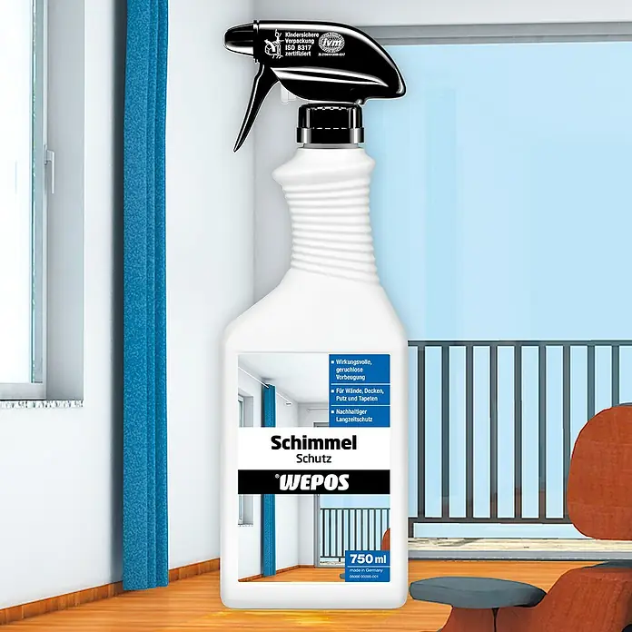 Wepos Imprägnierung Anti-Schimmel - 750 ml - Eine Sprühflasche "Schimmel Schutz" von Wepos, ein Produkt zur Schimmelbekämpfung und Vorbeugung für Wände, Decken und Tapeten.