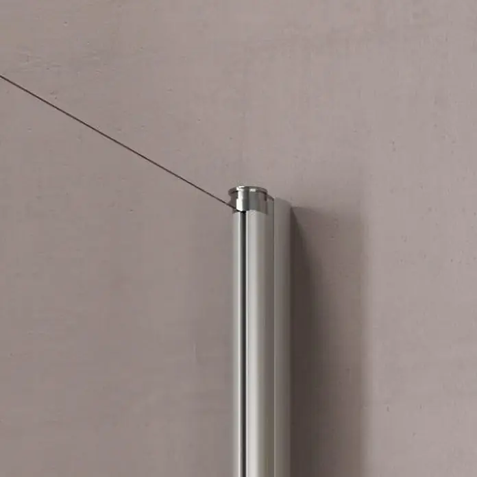 GEO Hit Eckdusche B-E310 - L x B x H: 120 x 90 x 202,2 cm, Unbeschichtet, Silber, Glasstärke: 6 mm - Detailaufnahme einer eleganten Duschkabine mit einem schlanken, silbernen Rahmen und einer klaren Glaswand. Das Design ist modern und minimalistisch.