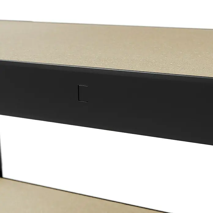 Regalux Schwerlastregal - H x B x T: 180 x 90 x 40 cm, Traglast pro Boden: 210 kg, Anzahl Böden: 5 Stk., Stecken, Anthrazitgrau - Nahaufnahme eines schwarzen Tisches mit einer hellen Tischplatte. Elegantes Möbelstück für modernes Interieur.