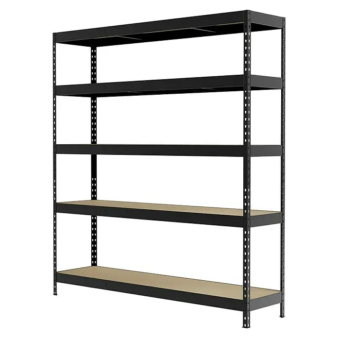 Regalux Schwerlastregal - H x B x T: 180 x 160 x 40 cm, Traglast pro Boden: 265 kg, Anzahl Böden: 5 Stk., Stecken, Anthrazitgrau - Dieses Bild zeigt ein schwarzes, robustes Metallregal mit fünf Ablageflächen, ideal für Lagerung und Organisation in Garage oder Keller.