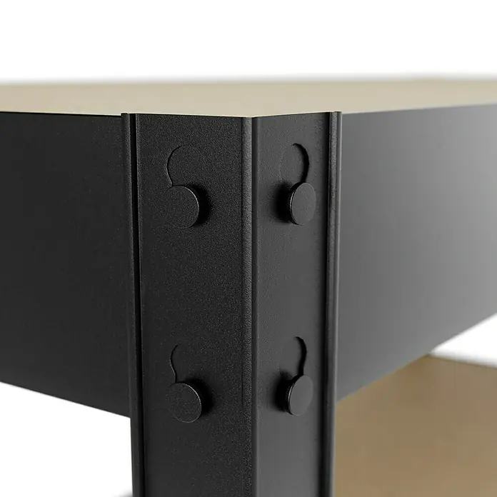 Regalux Schwerlastregal - H x B x T: 180 x 90 x 40 cm, Traglast pro Boden: 210 kg, Anzahl Böden: 5 Stk., Stecken, Anthrazitgrau - Detailaufnahme eines schwarzen Regals mit runden Befestigungselementen und einer hellen Oberfläche. Robust und stabil.
