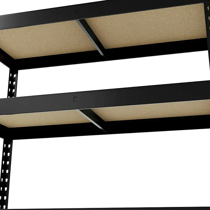 Regalux Schwerlastregal - H x B x T: 180 x 90 x 40 cm, Traglast pro Boden: 210 kg, Anzahl Böden: 5 Stk., Stecken, Anthrazitgrau - Nahaufnahme eines robusten Metallregals mit Holzablagen, ideal für Lagerung und Organisation.