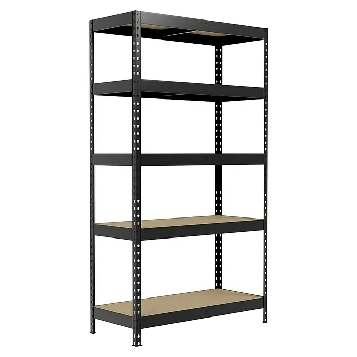 Regalux Schwerlastregal - H x B x T: 180 x 90 x 40 cm, Traglast pro Boden: 210 kg, Anzahl Böden: 5 Stk., Stecken, Anthrazitgrau - Das Bild zeigt ein schwarzes Metallregal mit fünf Regalböden. Das Regal ist stabil und bietet viel Stauraum für verschiedene Gegenstände.