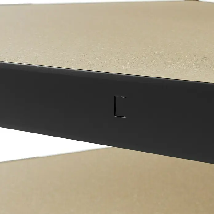 Regalux Eckregal - H x B x T: 180 x 90 x 40 cm, Traglast pro Boden: 210 kg, Anzahl Böden: 5 Stk., Stecken, Anthrazitgrau - Detailaufnahme einer Bettkonstruktion mit schwarzem Rahmen und beiger Oberfläche, die Stabilität und modernes Design vereint.