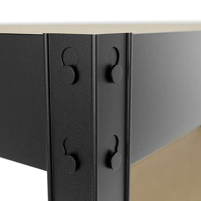 Regalux Schwerlastregal - H x B x T: 180 x 120 x 40 cm, Traglast pro Boden: 210 kg, Anzahl Böden: 5 Stk., Stecken, Schwarz - Detailansicht eines schwarzen Metallregals mit hellbraunen Regalböden, das Stabilität und Funktionalität vereint.