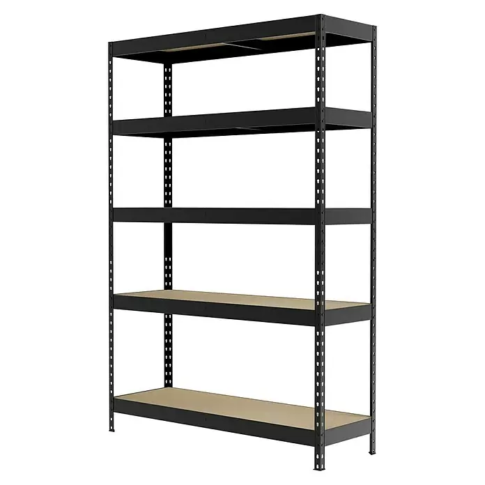 Regalux Estantería para cargas pesadas - Al x An x Pr: 180 x 120 x 40 cm, Capacidad de carga por balda: 210 kg, Número de baldas: 5 ud., Inserción, Antracita - Estantería metálica negra de cinco niveles con estantes de madera marrón claro.