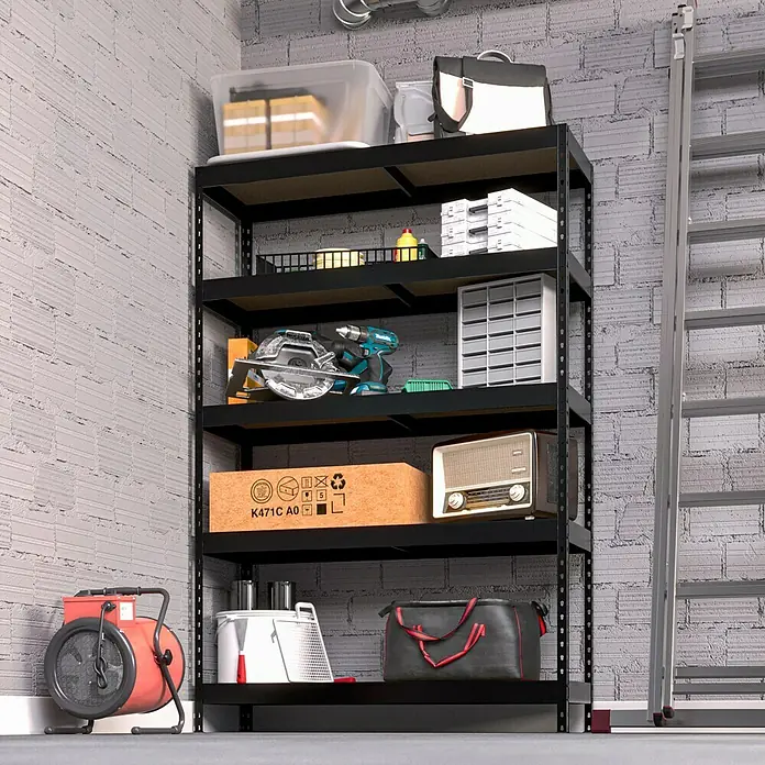 Regalux Schwerlastregal - H x B x T: 180 x 120 x 40 cm, Traglast pro Boden: 210 kg, Anzahl Böden: 5 Stk., Stecken, Schwarz - Bild eines schwarzen Metallregals mit Werkzeugen und anderen Gegenständen in einer Garage.