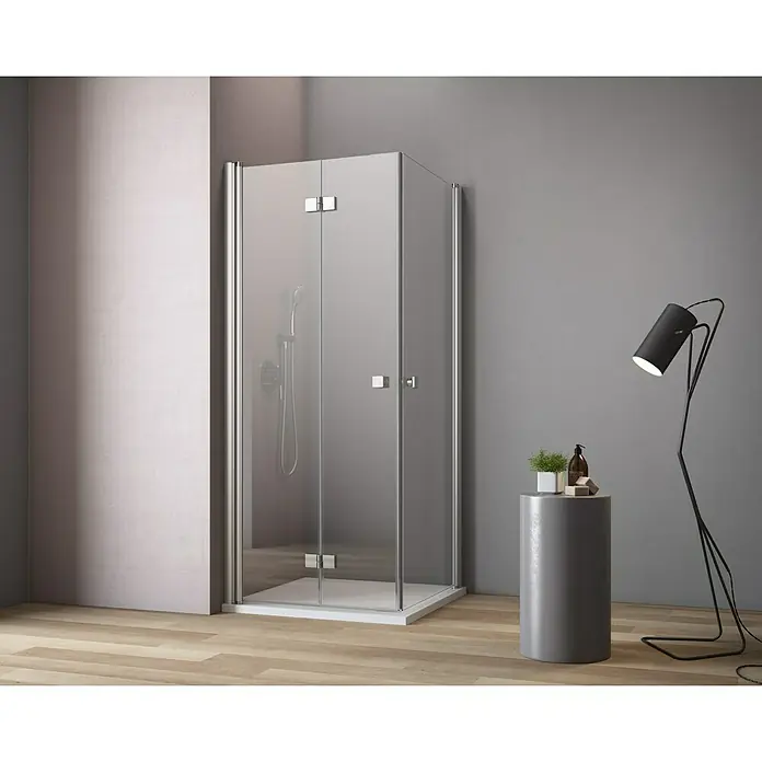 GEO Hit Eckdusche B-E410 - L x B x H: 90 x 80 x 202,2 cm, Unbeschichtet, Silber, Glasstärke: 6 mm - Elegante Duschkabine mit klaren Linien und hochwertigen Beschlägen für ein modernes Badezimmerdesign.