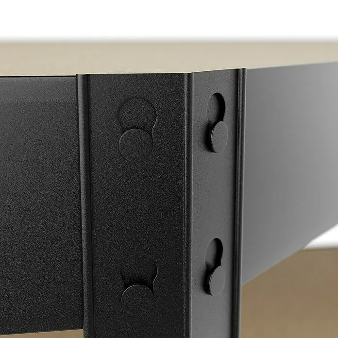 Regalux Eckregal - H x B x T: 180 x 90 x 40 cm, Traglast pro Boden: 210 kg, Anzahl Böden: 5 Stk., Stecken, Anthrazitgrau - Detailaufnahme eines schwarzen Metallregals mit gelochten Seitenteilen, das Stabilität und flexible Anpassungsmöglichkeiten bietet.