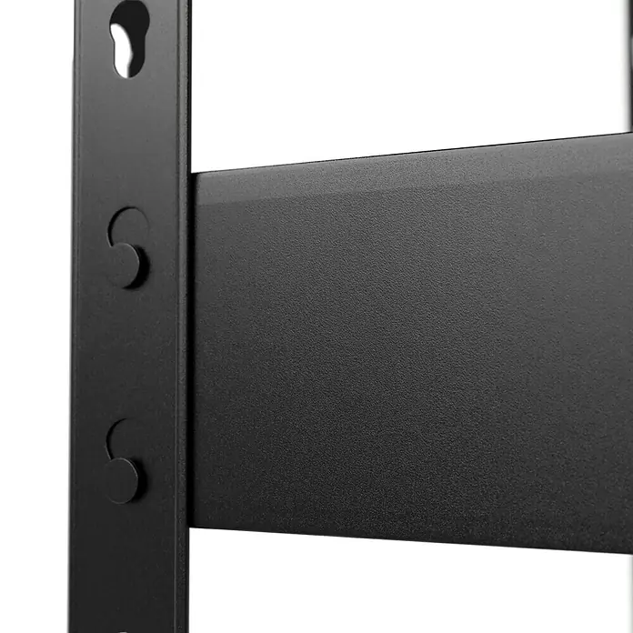 Regalux Schwerlastregal - H x B x T: 180 x 180 x 40 cm, Traglast pro Boden: 265 kg, Anzahl Böden: 5 Stk., Stecken, Anthrazitgrau - Nahaufnahme eines schwarzen Metallregals mit Fokus auf die Details der Oberfläche und der Befestigungslöcher für die Wandmontage.