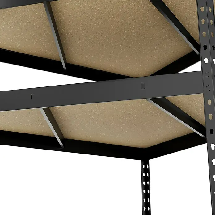 Regalux Eckregal - H x B x T: 180 x 90 x 40 cm, Traglast pro Boden: 210 kg, Anzahl Böden: 5 Stk., Stecken, Anthrazitgrau - Detailaufnahme eines robusten Lagerregals mit Holzablagen und einem stabilen, schwarzen Metallrahmen für schwere Lasten.
