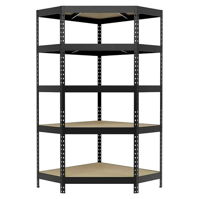 Regalux Eckregal - H x B x T: 180 x 90 x 40 cm, Traglast pro Boden: 210 kg, Anzahl Böden: 5 Stk., Stecken, Anthrazitgrau - Das Bild zeigt ein Eckregal aus Metall mit Holzregalböden, ideal für platzsparende Aufbewahrung in Ecken. Praktisches Möbelstück in Schwarz.