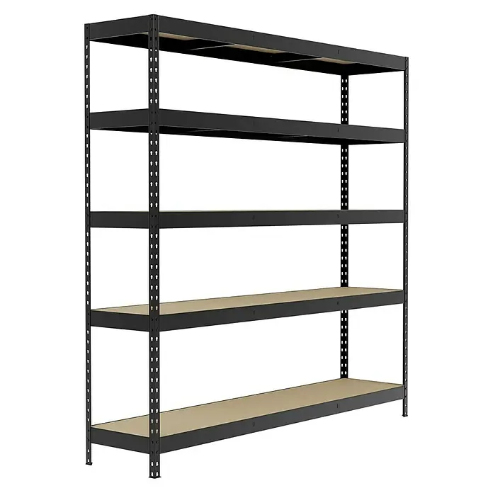 Regalux Schwerlastregal - H x B x T: 180 x 180 x 40 cm, Traglast pro Boden: 265 kg, Anzahl Böden: 5 Stk., Stecken, Anthrazitgrau - Abbildung eines schwarzen Metallregals mit fünf Regalböden. Es ist ein robustes Lagerregal, das ideal für Keller oder Garagen geeignet ist.