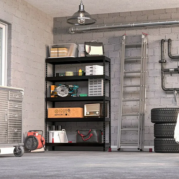Regalux Schwerlastregal - H x B x T: 180 x 120 x 40 cm, Traglast pro Boden: 210 kg, Anzahl Böden: 5 Stk., Stecken, Schwarz - Garage mit schwarzem Metallregal mit Werkzeugen, Reifen und diversem Zubehör. Praktische Aufbewahrungslösung für Ordnung.